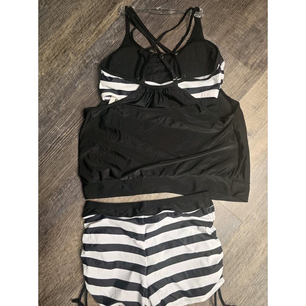 Holipick Tankini Swimsuit Womens Medium 2 Piece Black White Striped Boy Shorts - Picture 4 of 6